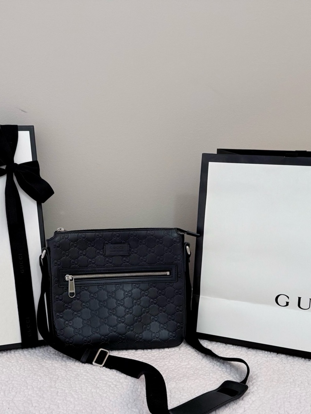 Gucci Black Monogram Leather Messenger Bag - Picture 1 of 16